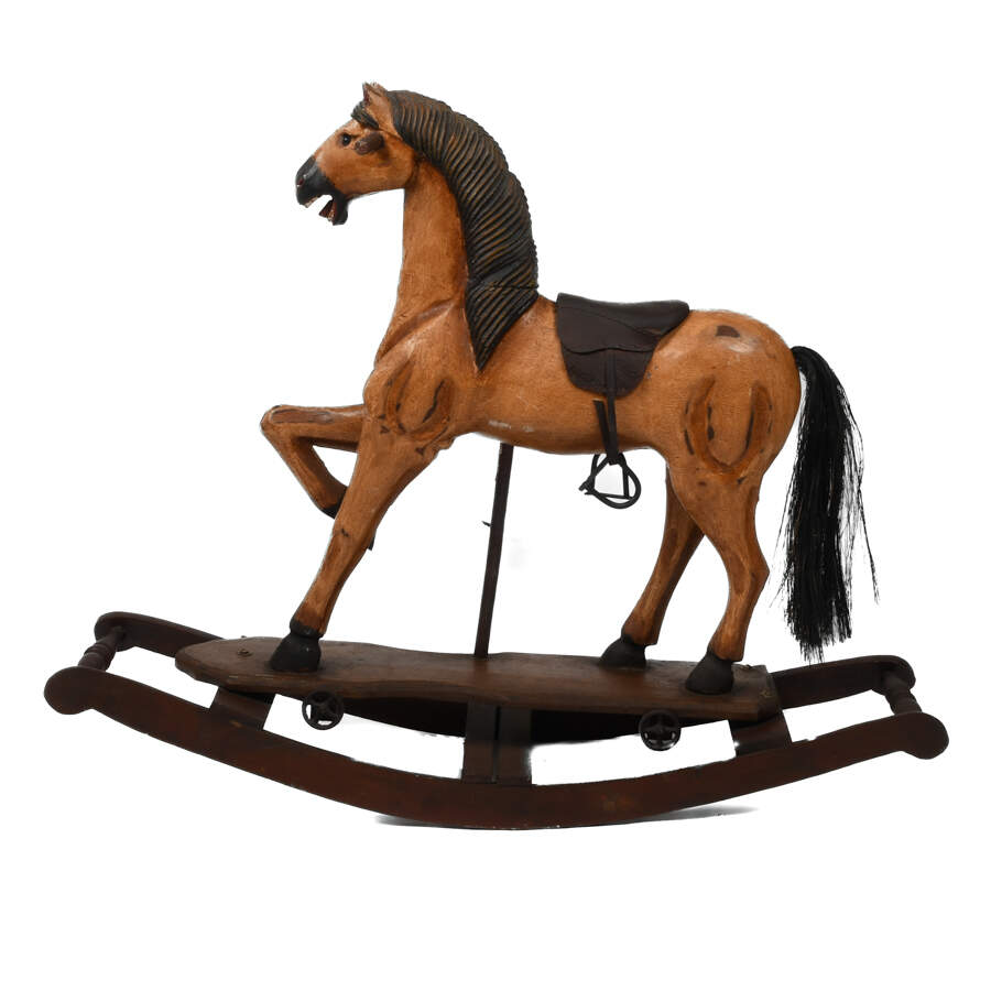 Carved Folk Art-Style Wooden Rocking Horse-1