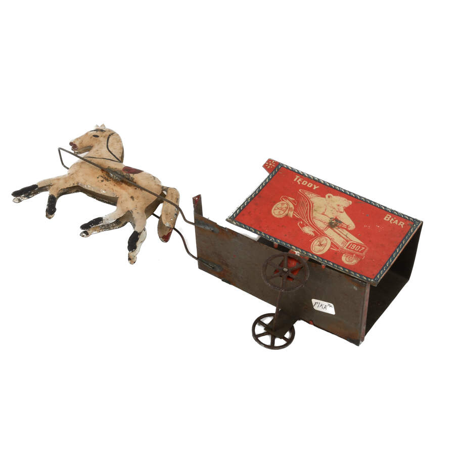 Antique German "Teddy Bear" Friction Tin Horse and Carriage Toy-6