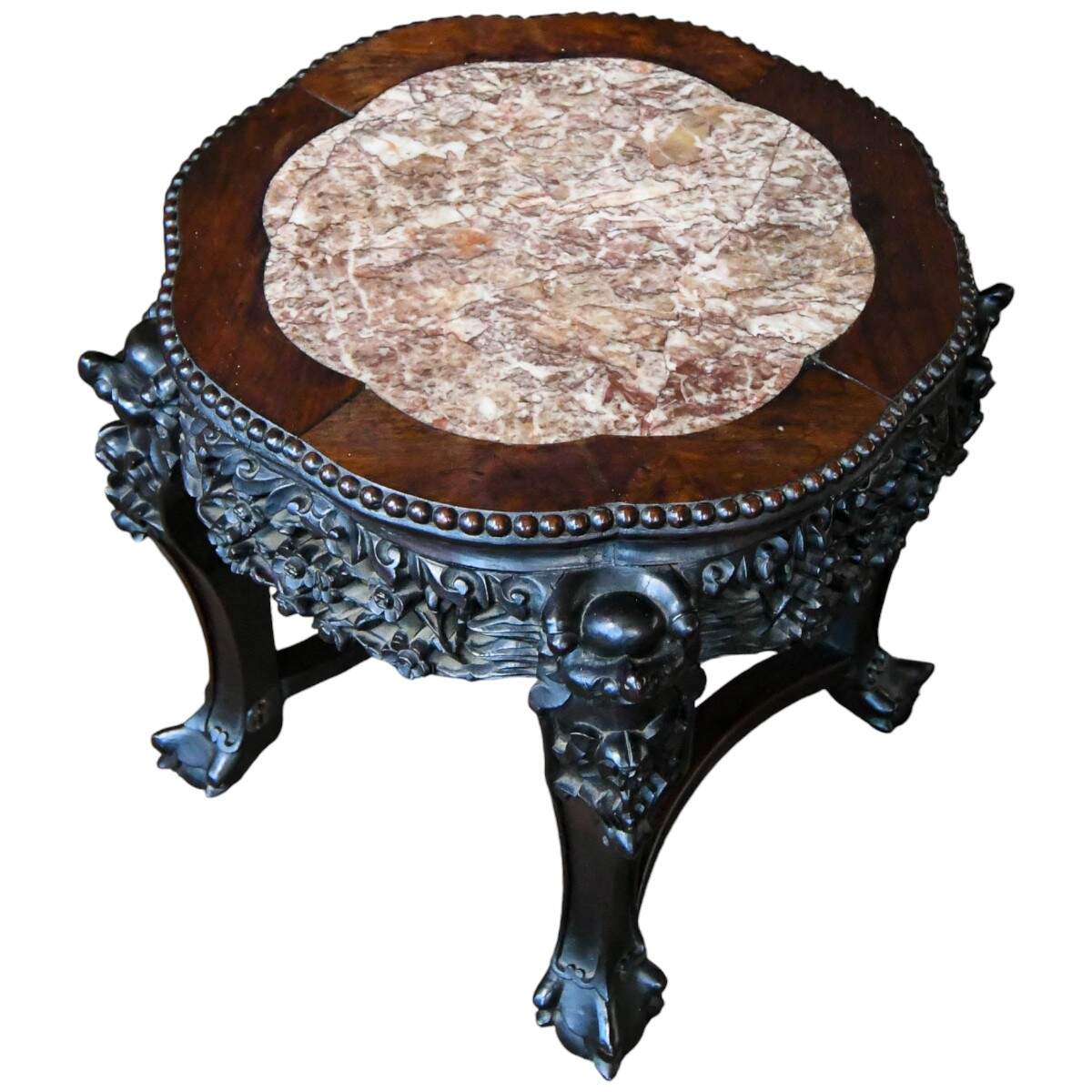 Antique Chinese Hand-Carved Rosewood and Pink Marble Top Table-5