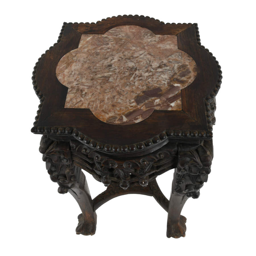 Antique Chinese Zhi Wood Carved Marble Top Inset Table-4
