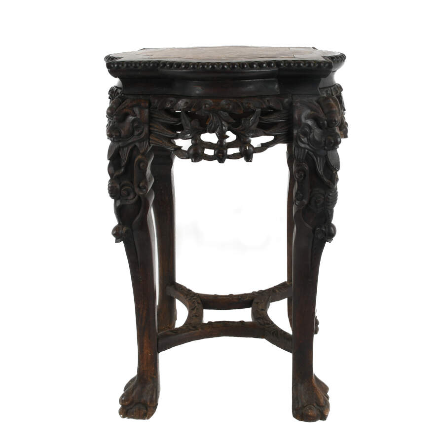 Antique Chinese Zhi Wood Carved Marble Top Inset Table-3