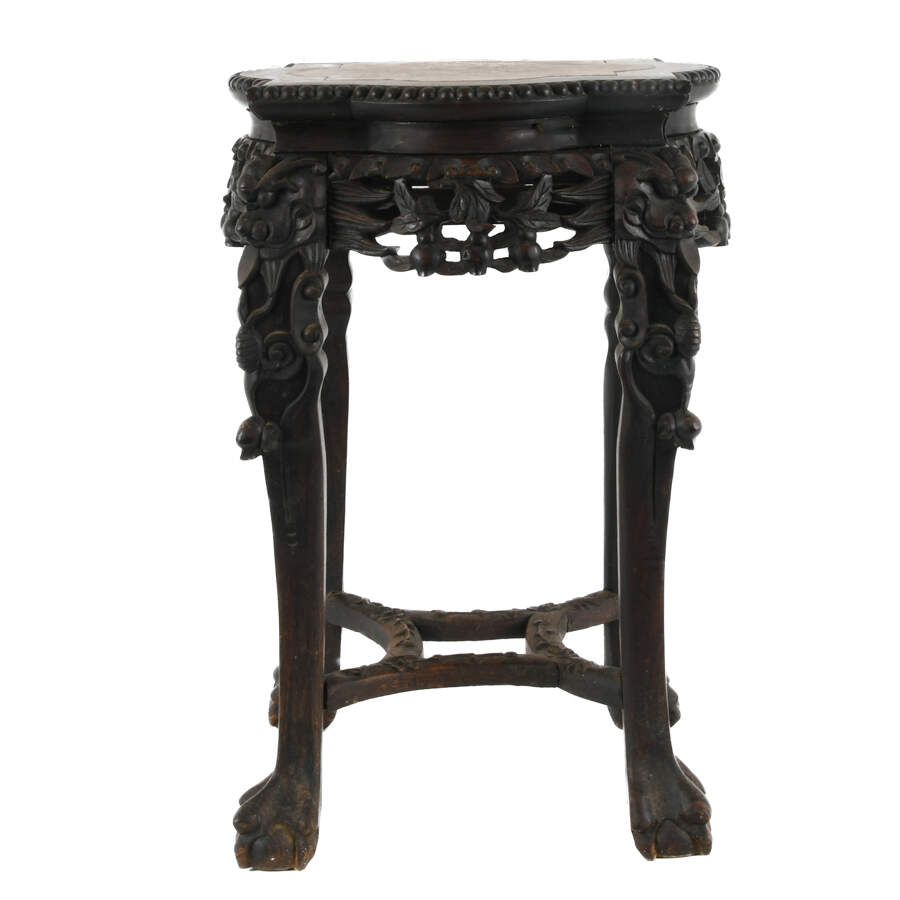 Antique Chinese Zhi Wood Carved Marble Top Inset Table-1