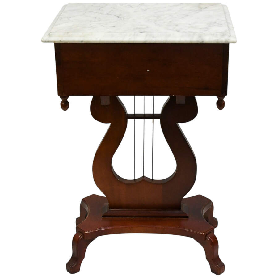 Pair of 1940s Kimball Wood Empire Style Lyra Side Tables with Marble Tops-15