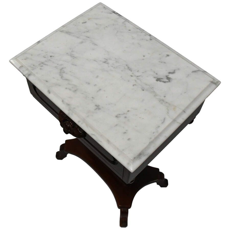Pair of 1940s Kimball Wood Empire Style Lyra Side Tables with Marble Tops-7