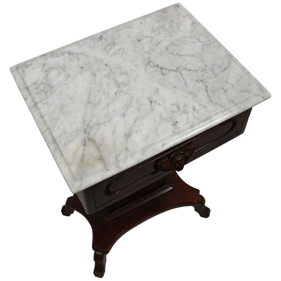 Pair of 1940s Kimball Wood Empire Style Lyra Side Tables with Marble Tops-6