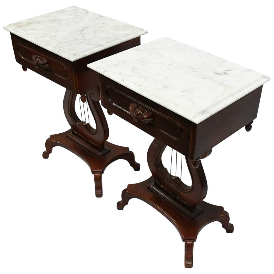 Pair of 1940s Kimball Wood Empire Style Lyra Side Tables with Marble Tops-3