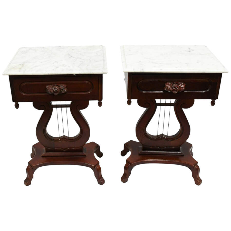 Pair of 1940s Kimball Wood Empire Style Lyra Side Tables with Marble Tops-1