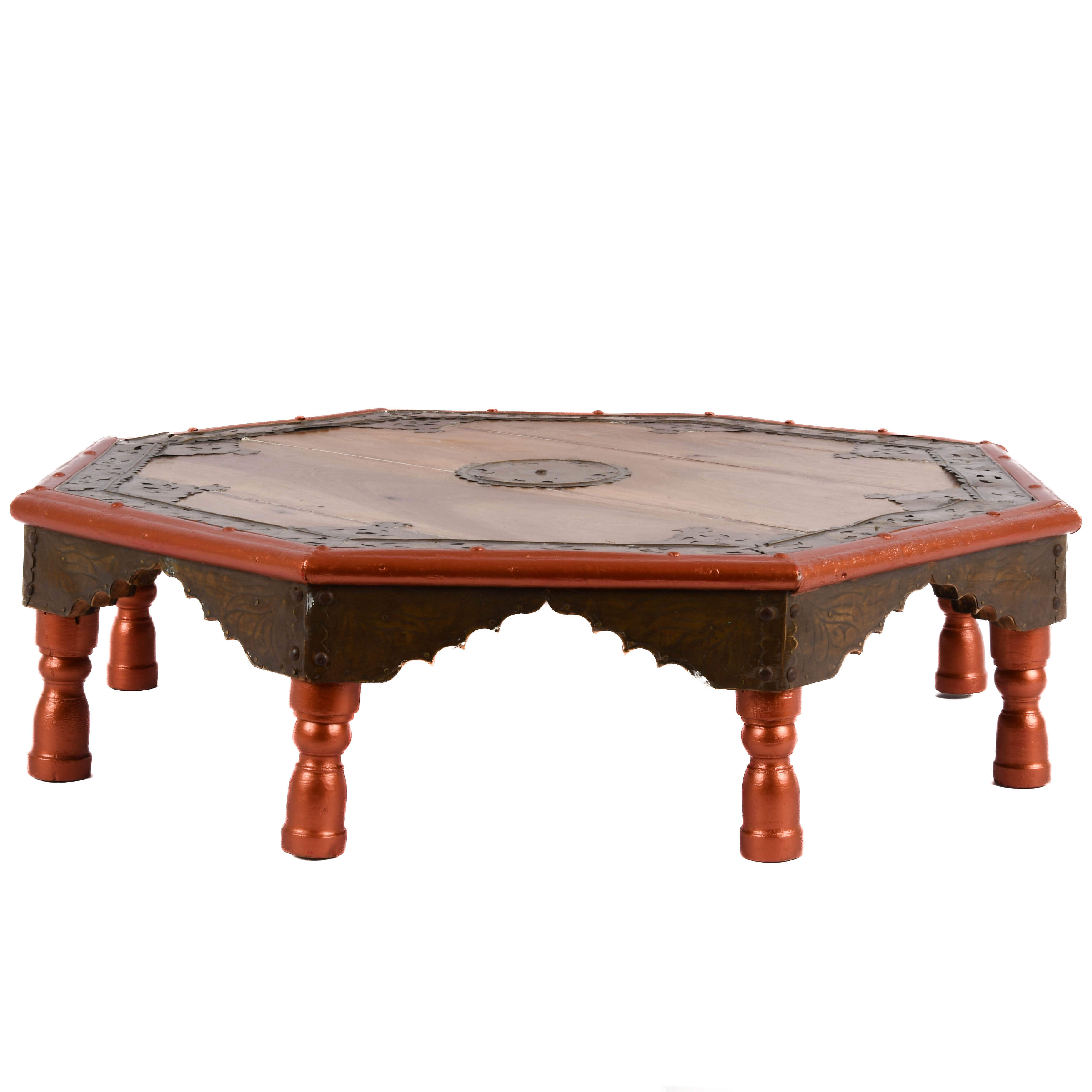 Antique Wooden Indian Coffee Table with Brass Mounts and Painted Trim-1
