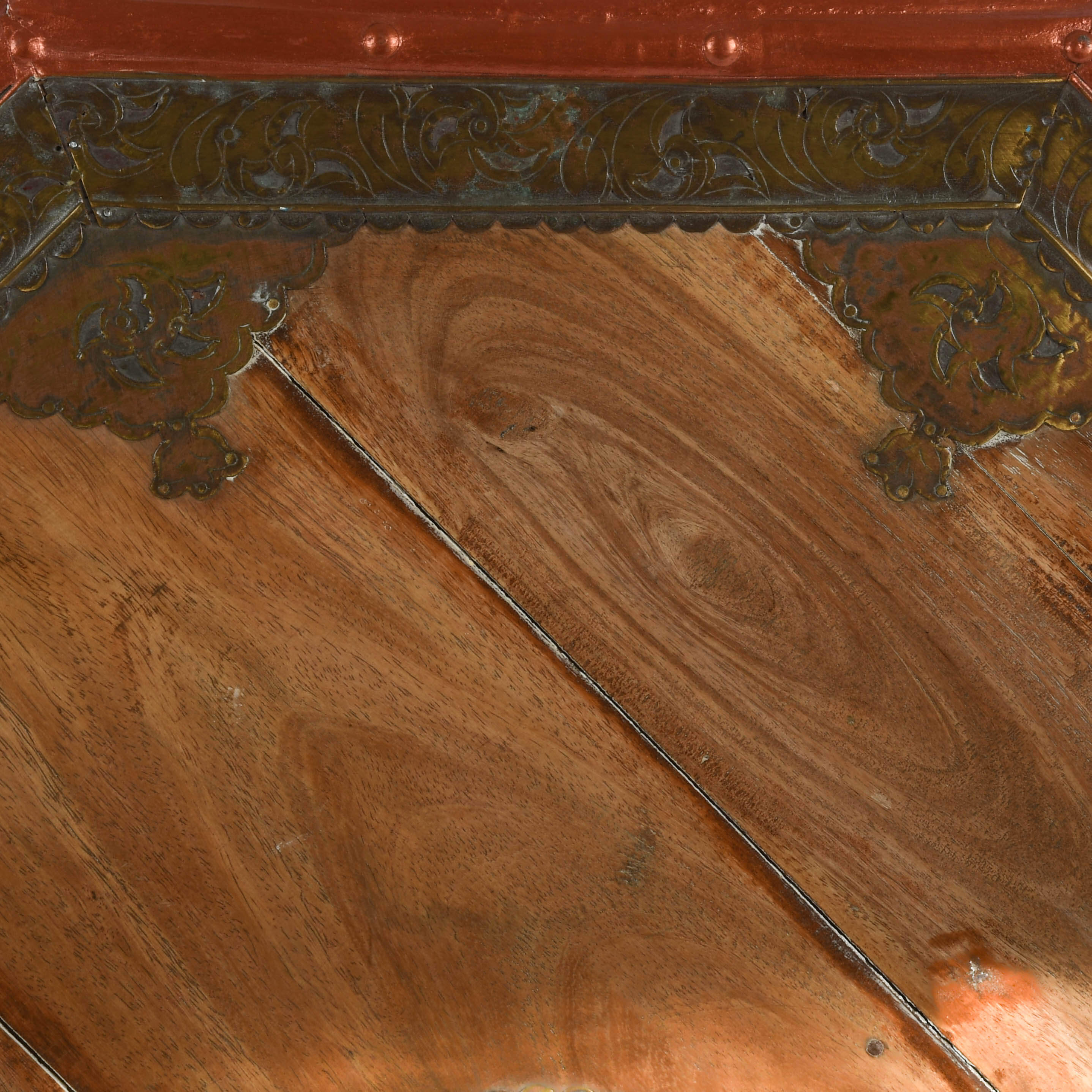 Antique Wooden Indian Coffee Table with Brass Mounts and Painted Trim-4