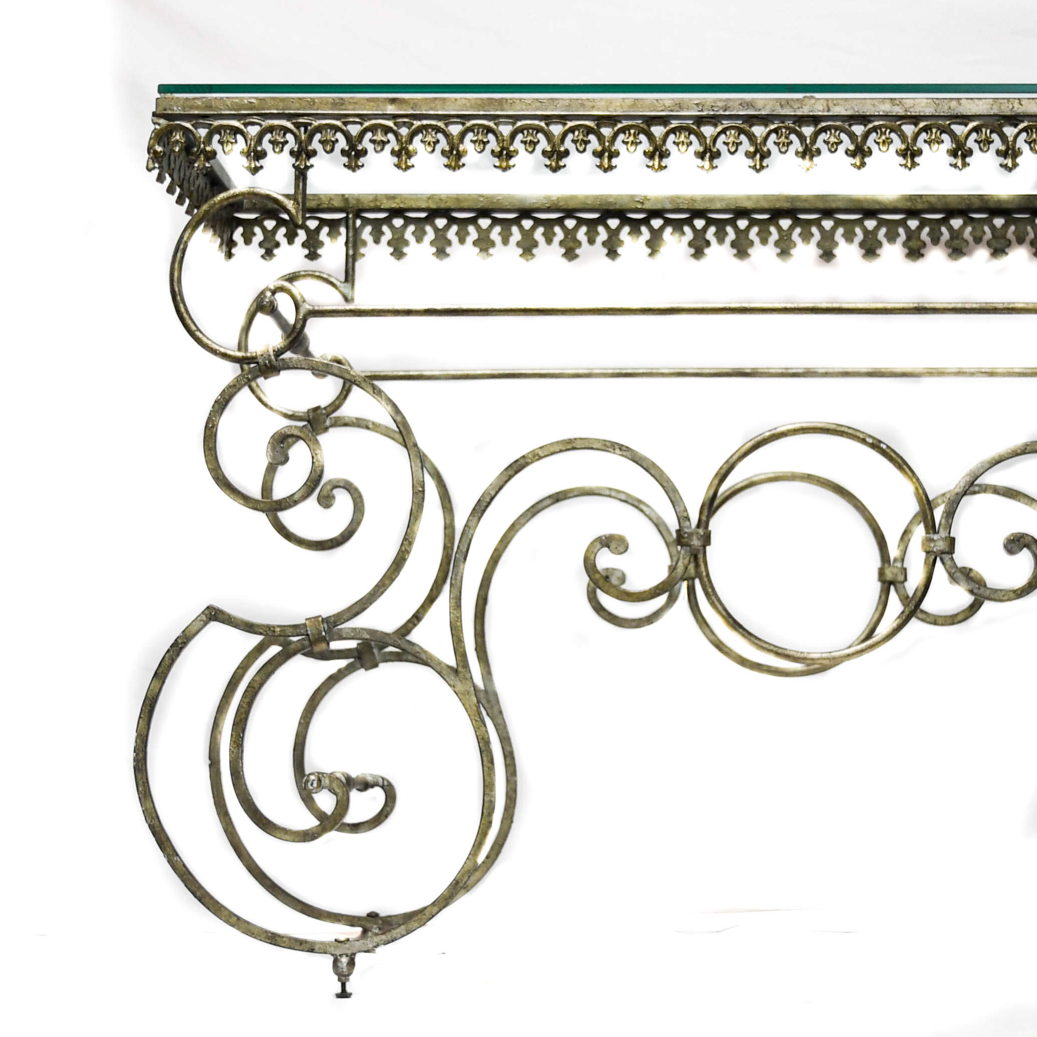 Wrought Iron Look Scroll Console Table with Glass Top-4