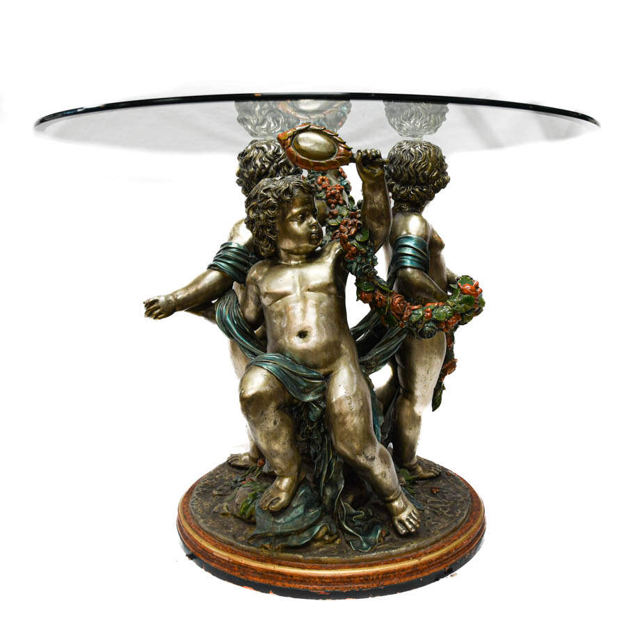 Signed S. Keliam Silver Gilt and Bronze Putti Table with Glass Top-10