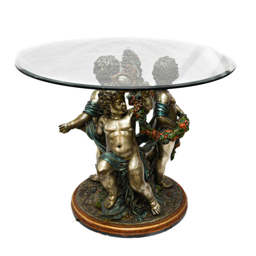 Signed S. Keliam Silver Gilt and Bronze Putti Table with Glass Top-8