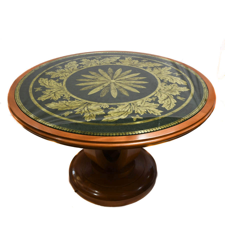 Green Glass and Gold Round Pedestal Botanical Dining Table-3
