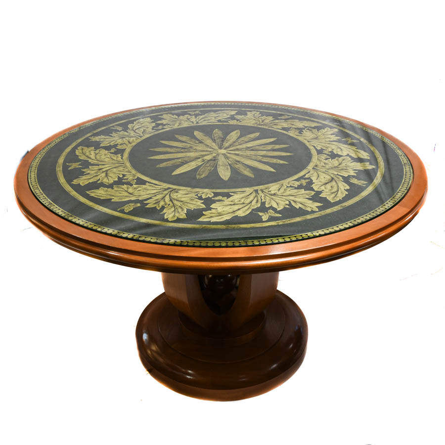 Green Glass and Gold Round Pedestal Botanical Dining Table-1
