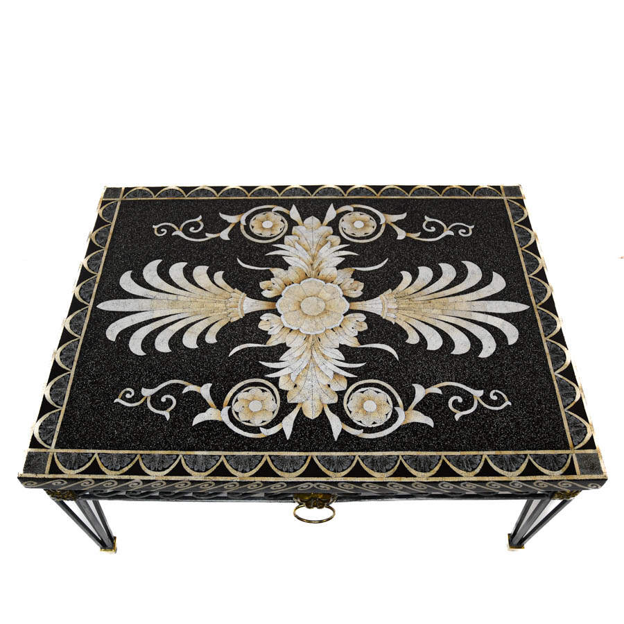Marble-Look Coffee Table with Geometric Mosaic Inlays-7