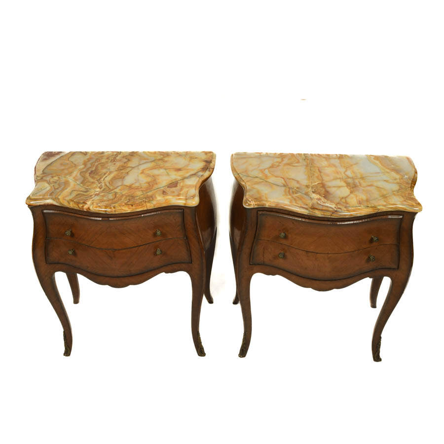 Pair of Bombay-Style Marble Top Nightstands with Serpentine Fronts-2