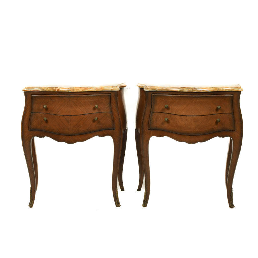 Pair of Bombay-Style Marble Top Nightstands with Serpentine Fronts-1