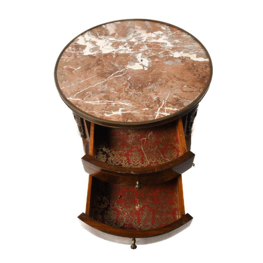 French Louis XIV-Style Two Drawer Bronze Accents and Marble Top Table-6