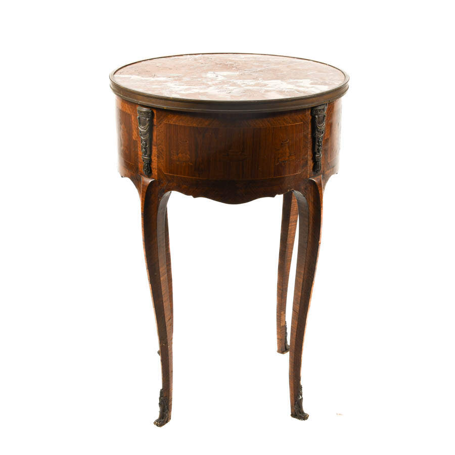 French Louis XIV-Style Two Drawer Bronze Accents and Marble Top Table-5