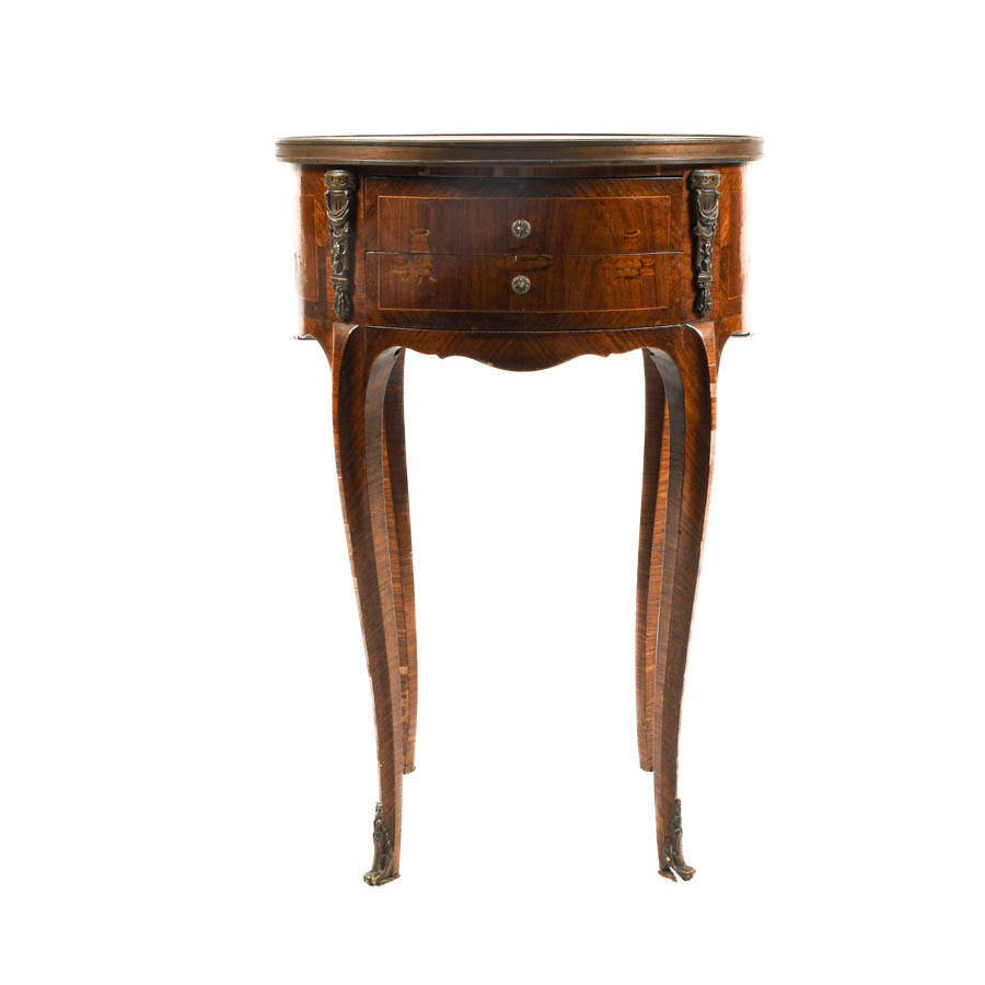 French Louis XIV-Style Two Drawer Bronze Accents and Marble Top Table-2