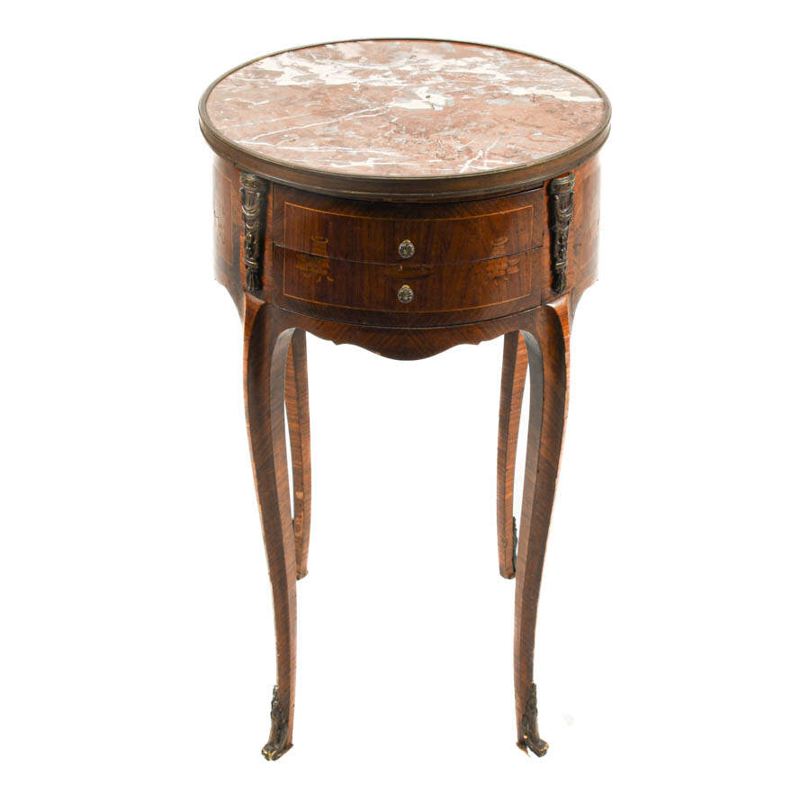 French Louis XIV-Style Two Drawer Bronze Accents and Marble Top Table-1