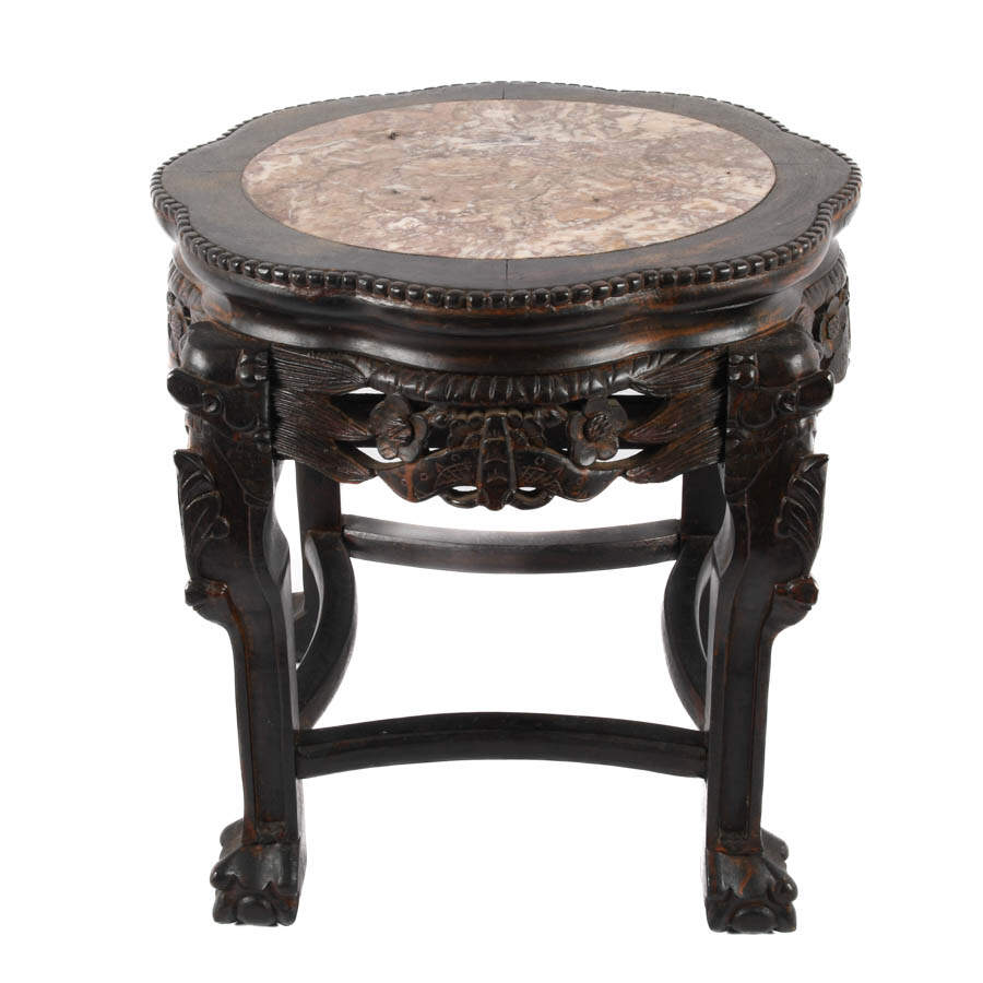 Antique Chinese Marble Top and Wood Side Table-2