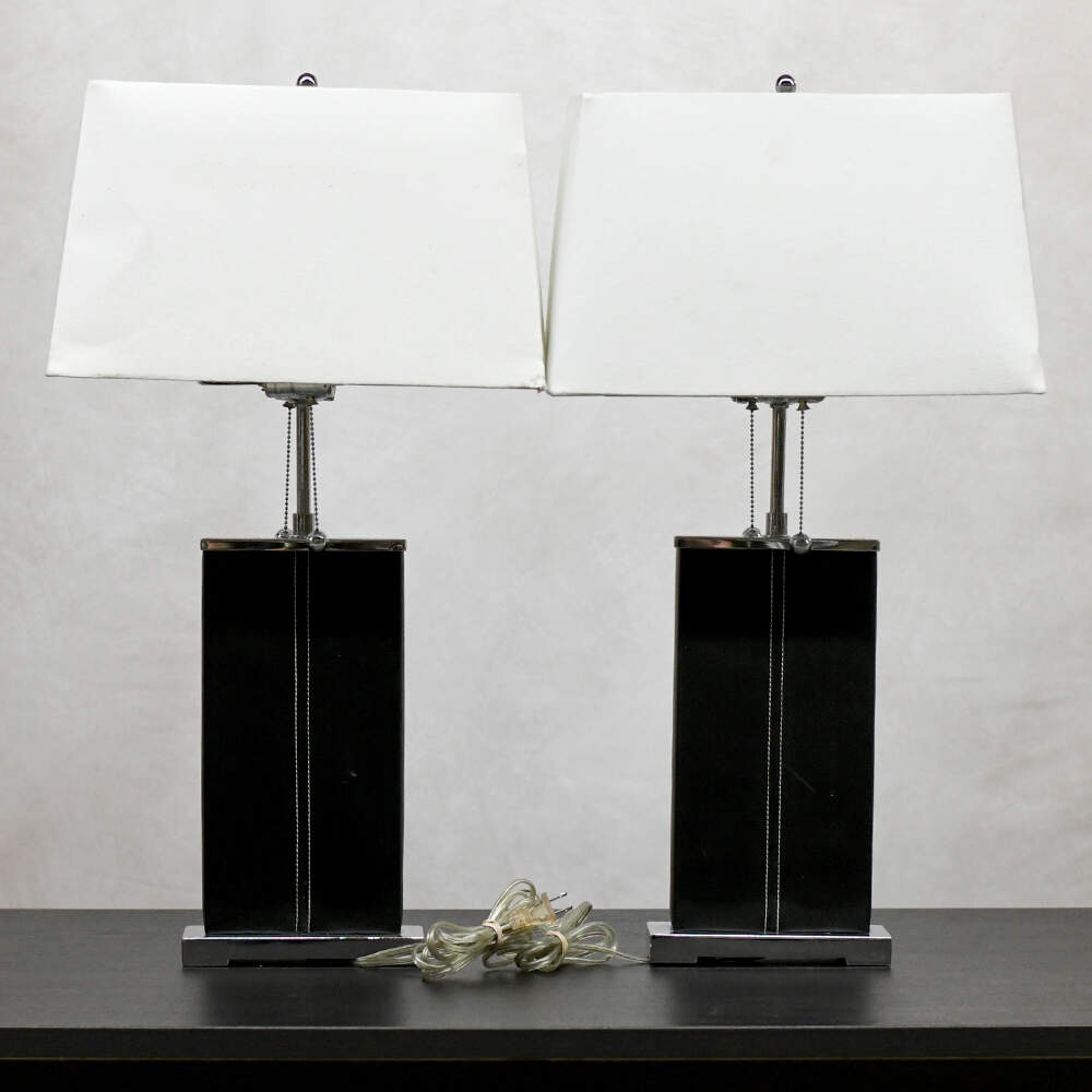 Black Leather and Silver Chrome Dual Light Table Lamps-3