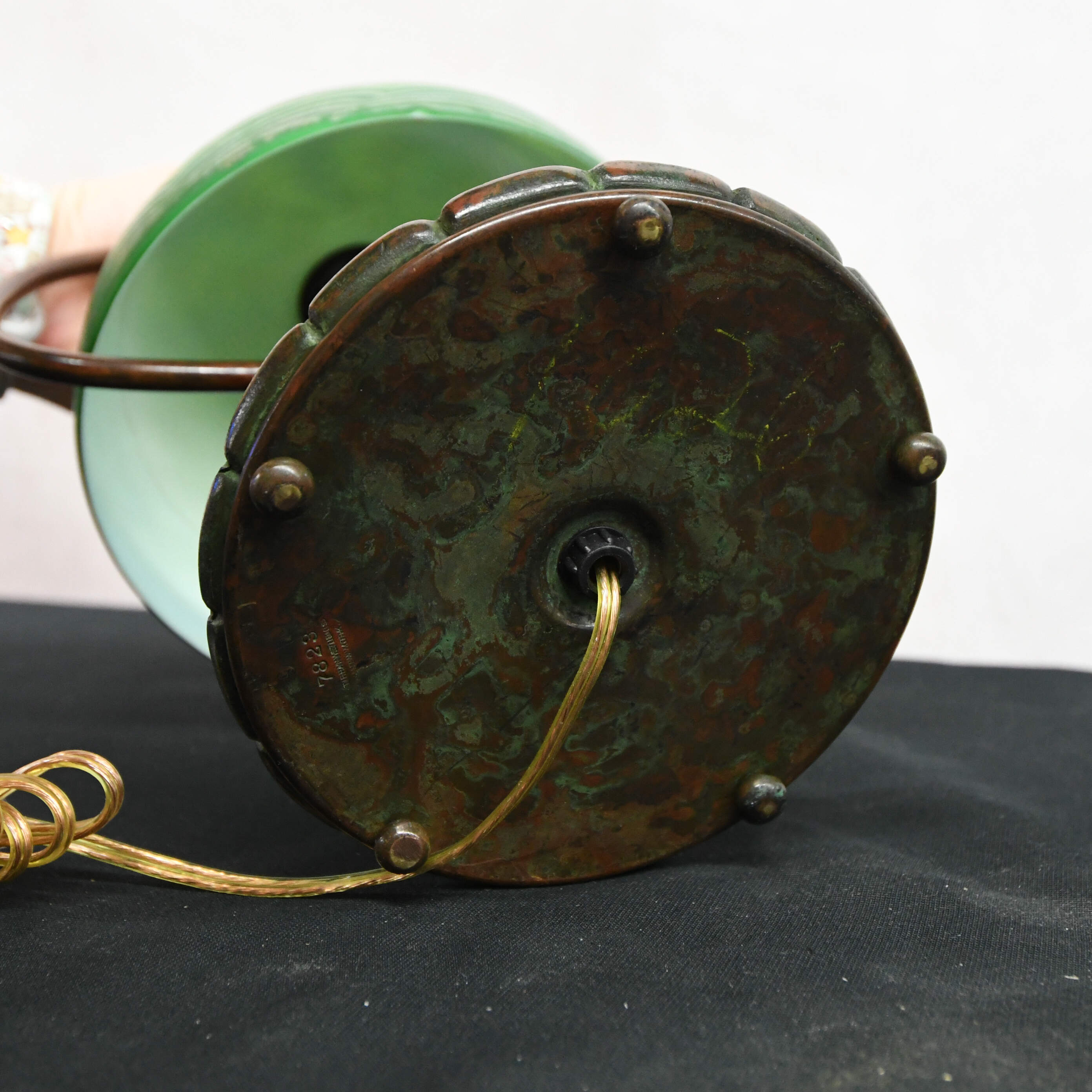 Tiffany Harp Lamp with Green Iridescent Damascene Glass Shade-8
