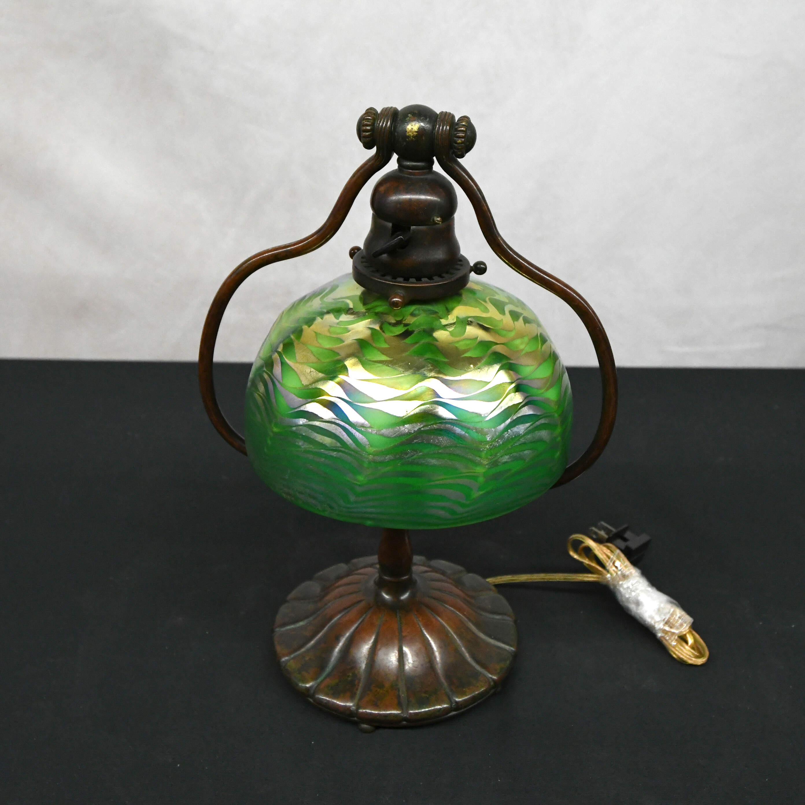 Tiffany Harp Lamp with Green Iridescent Damascene Glass Shade-1