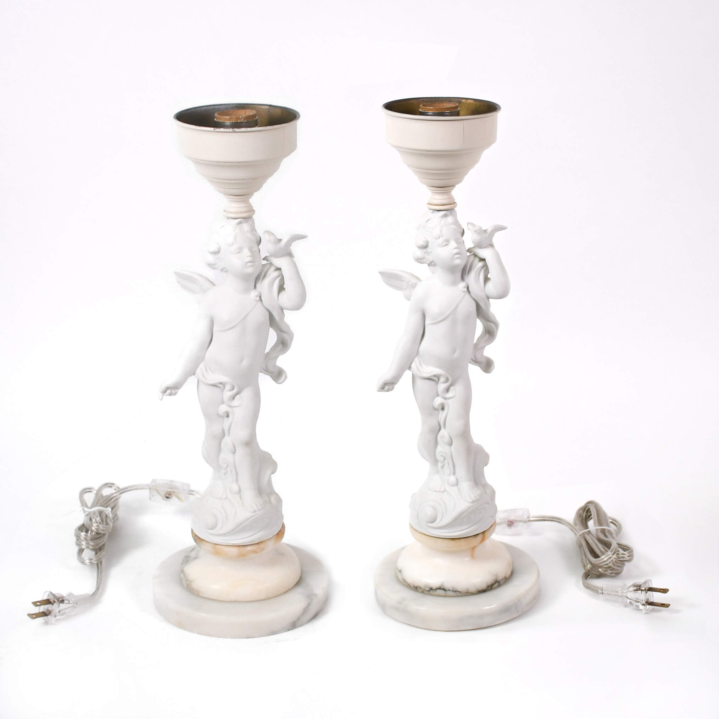 Pair of Bisque Cherub Lamps on Marble Base-1