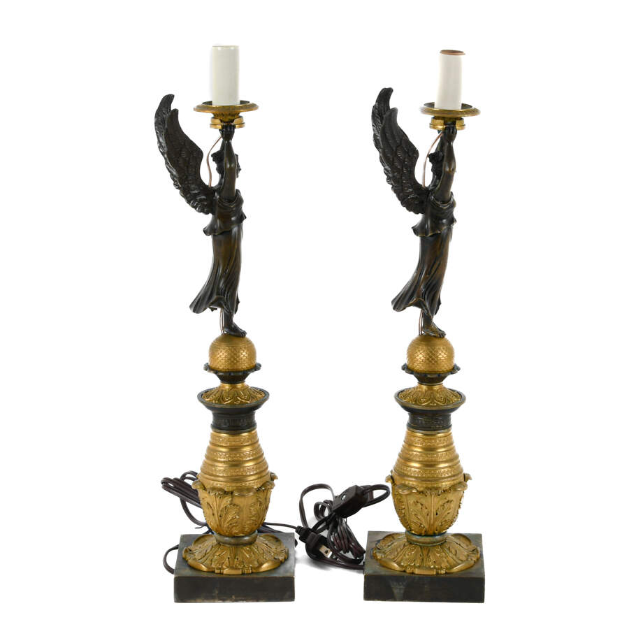 Antique Neoclassical Pair of Bronze Doré Goddess Lamps-4