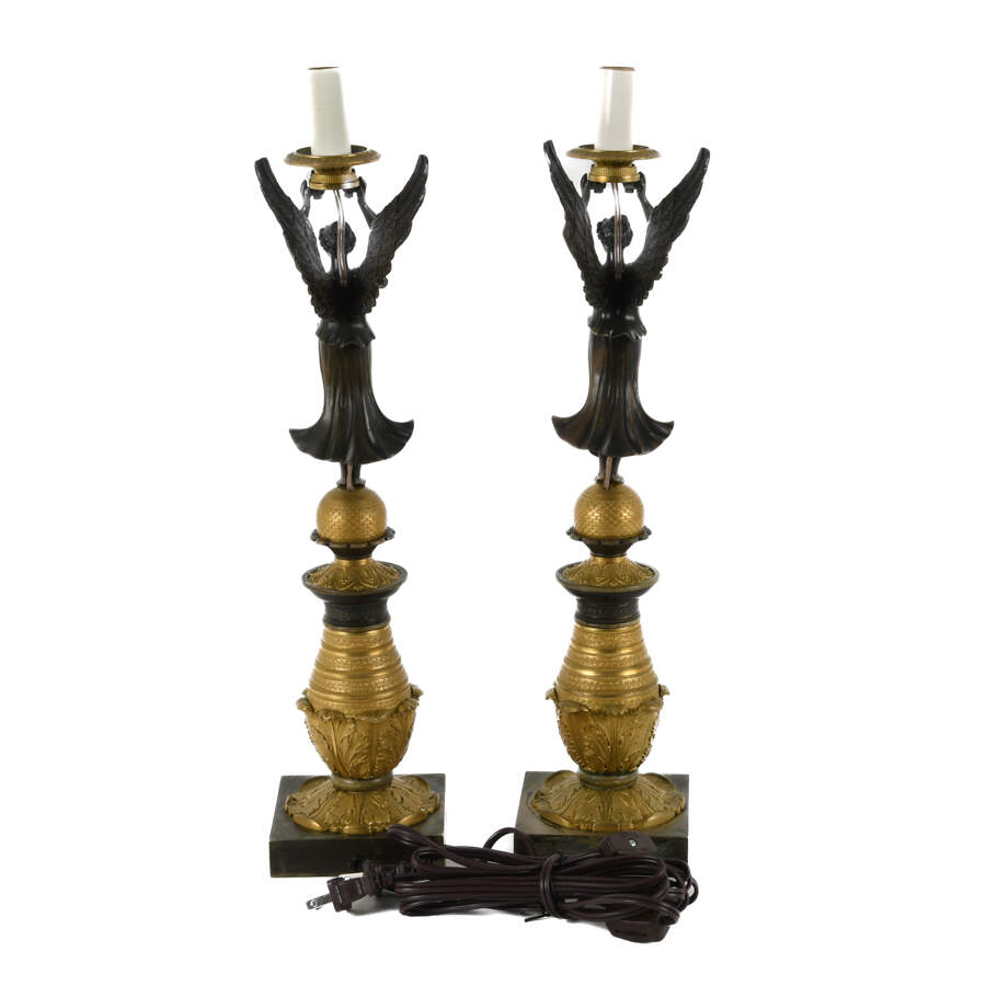 Antique Neoclassical Pair of Bronze Doré Goddess Lamps-3