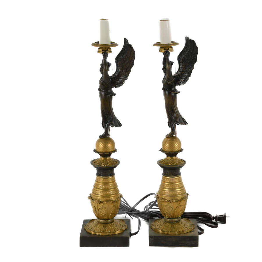 Antique Neoclassical Pair of Bronze Doré Goddess Lamps-2