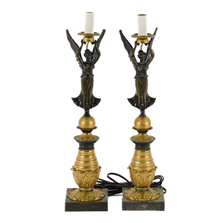 Antique Neoclassical Pair of Bronze Doré Goddess Lamps-1