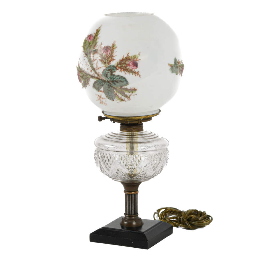Antique Electrified Rose Globe Oil Lamp on Wooden Base-2
