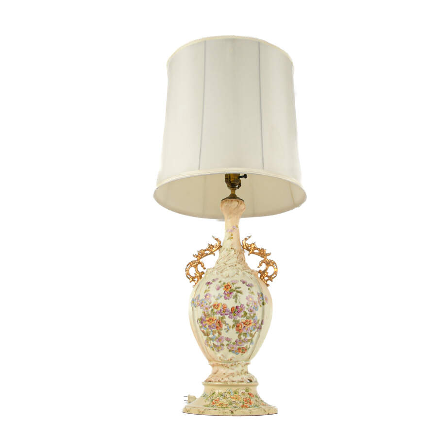 Royal Rodolstradt Gilt Scrolled Handled Floral Lamp with Shade-4