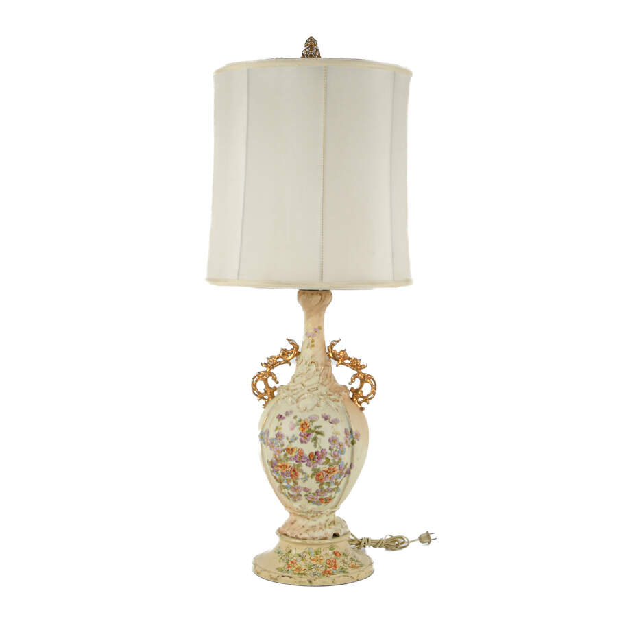 Royal Rodolstradt Gilt Scrolled Handled Floral Lamp with Shade-1
