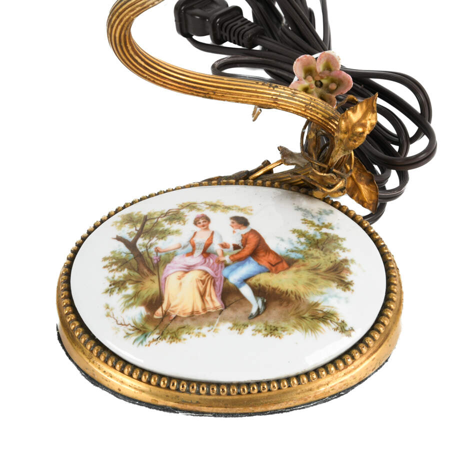 Pair of French Gilt Brass and Porcelain Medallion Table Lamps-5