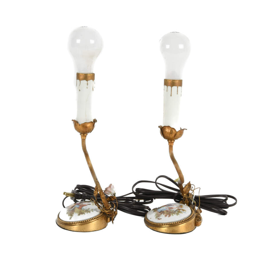 Pair of French Gilt Brass and Porcelain Medallion Table Lamps-2