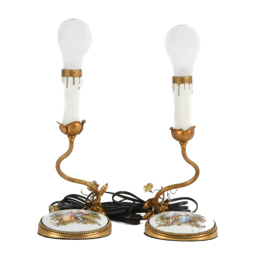 Pair of French Gilt Brass and Porcelain Medallion Table Lamps-1
