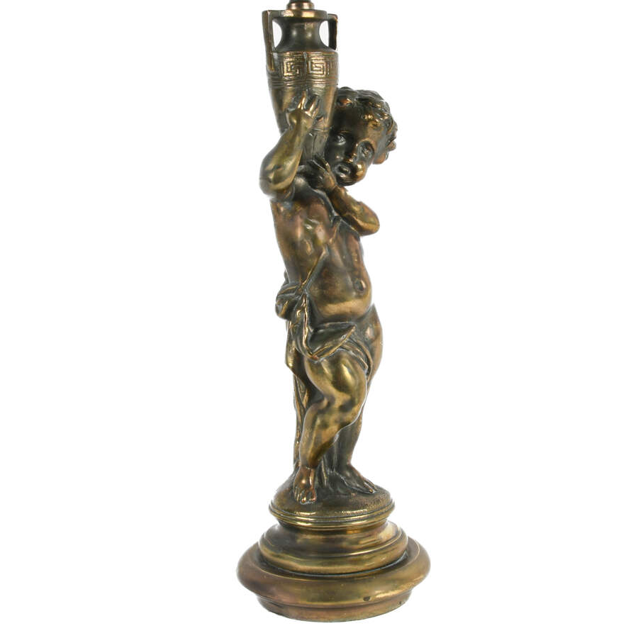 Cast Metal Cherub and Crystal Lamp-4