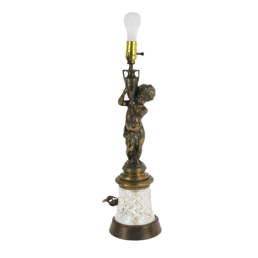 Cast Metal Cherub and Crystal Lamp-1