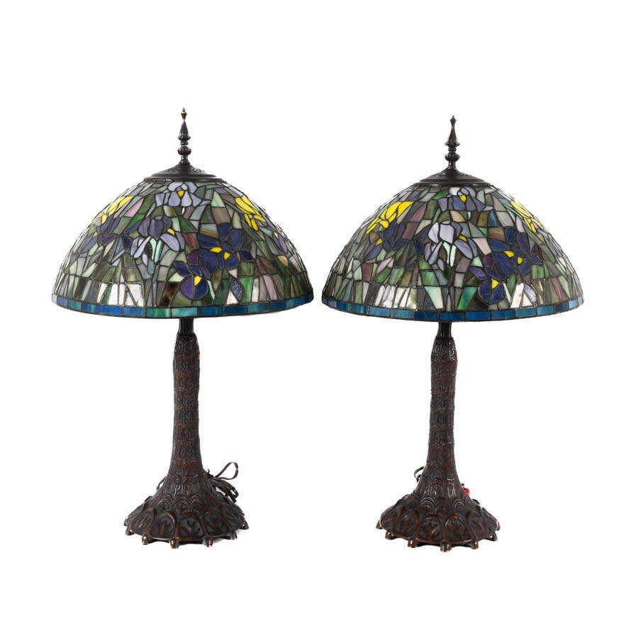 Pair Stained-Glass Symphony Lamps Painted Bronze-3