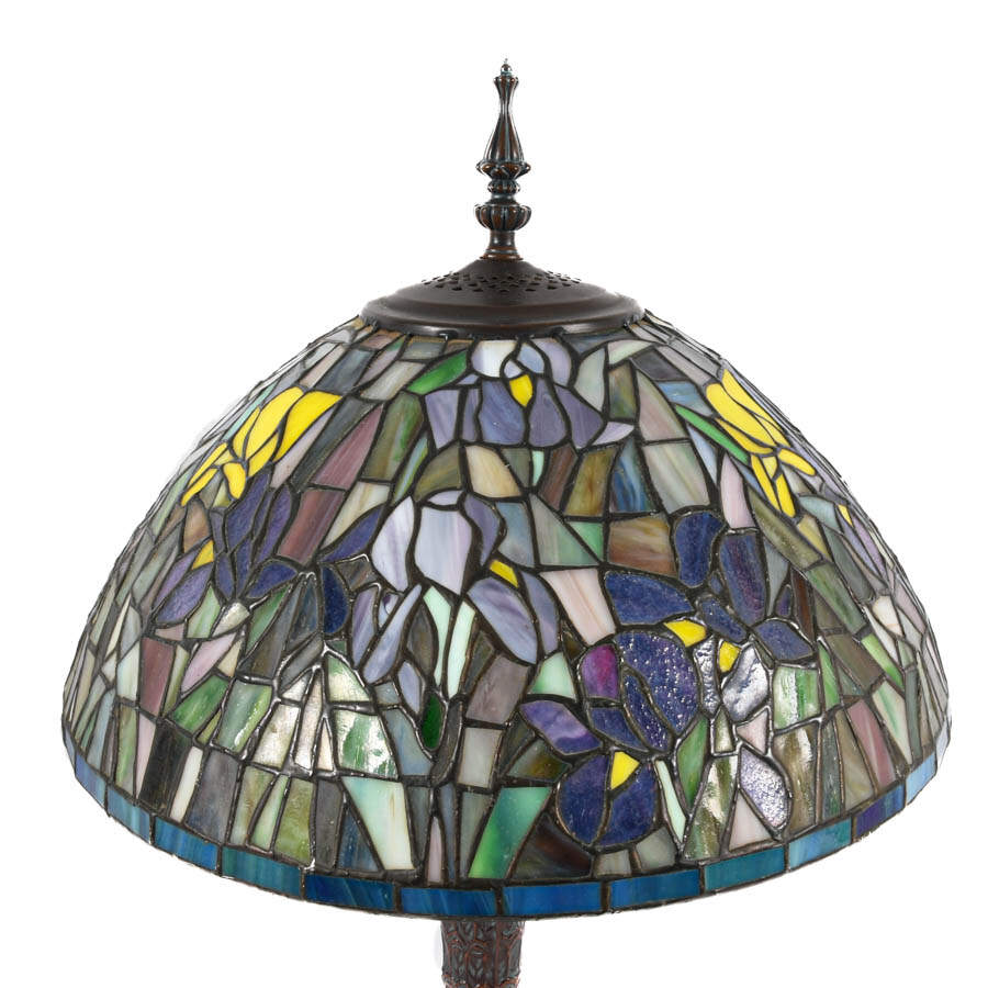 Pair Stained-Glass Symphony Lamps Painted Bronze-2