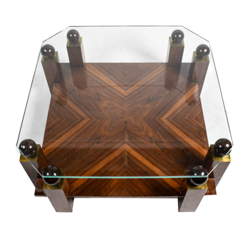 Mid-Century Modern-Style Glass, Walnut and Burl Wood Coffee Table-4