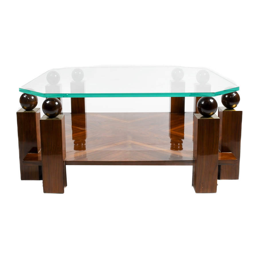 Mid-Century Modern-Style Glass, Walnut and Burl Wood Coffee Table-2