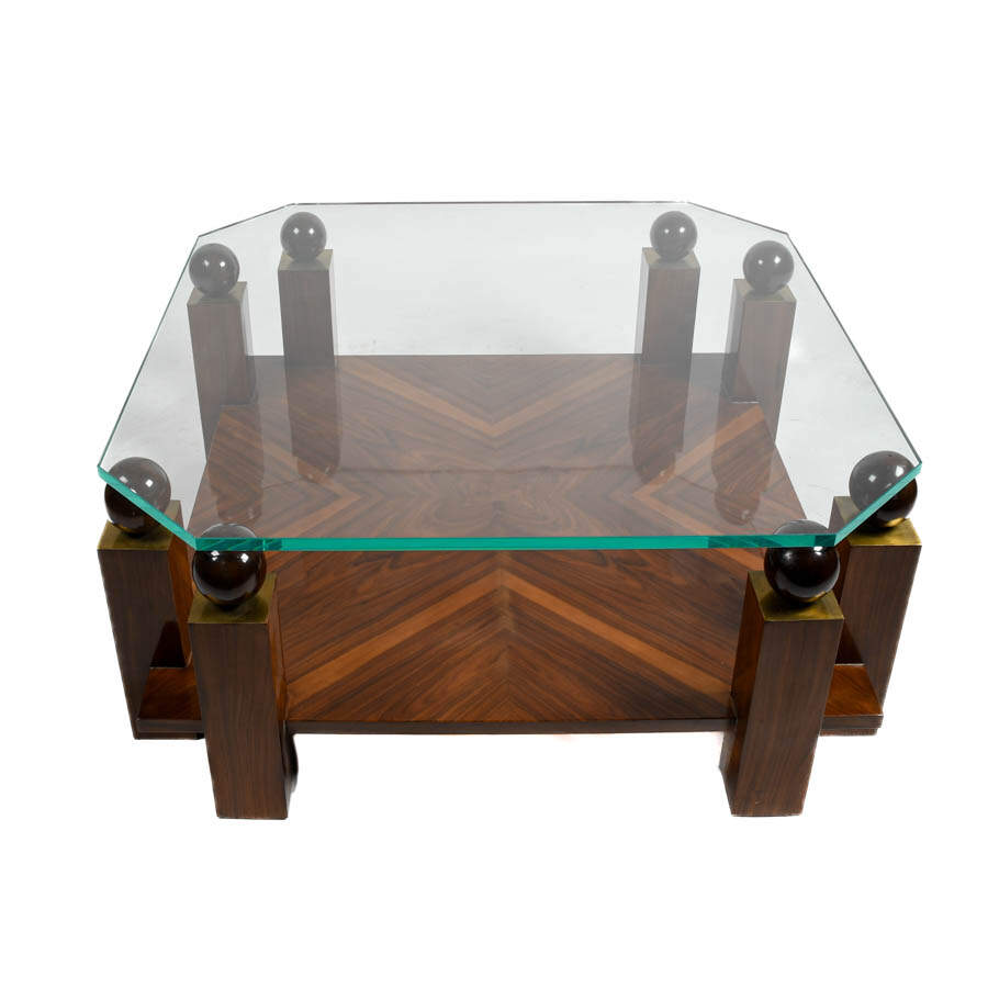 Mid-Century Modern-Style Glass, Walnut and Burl Wood Coffee Table-1