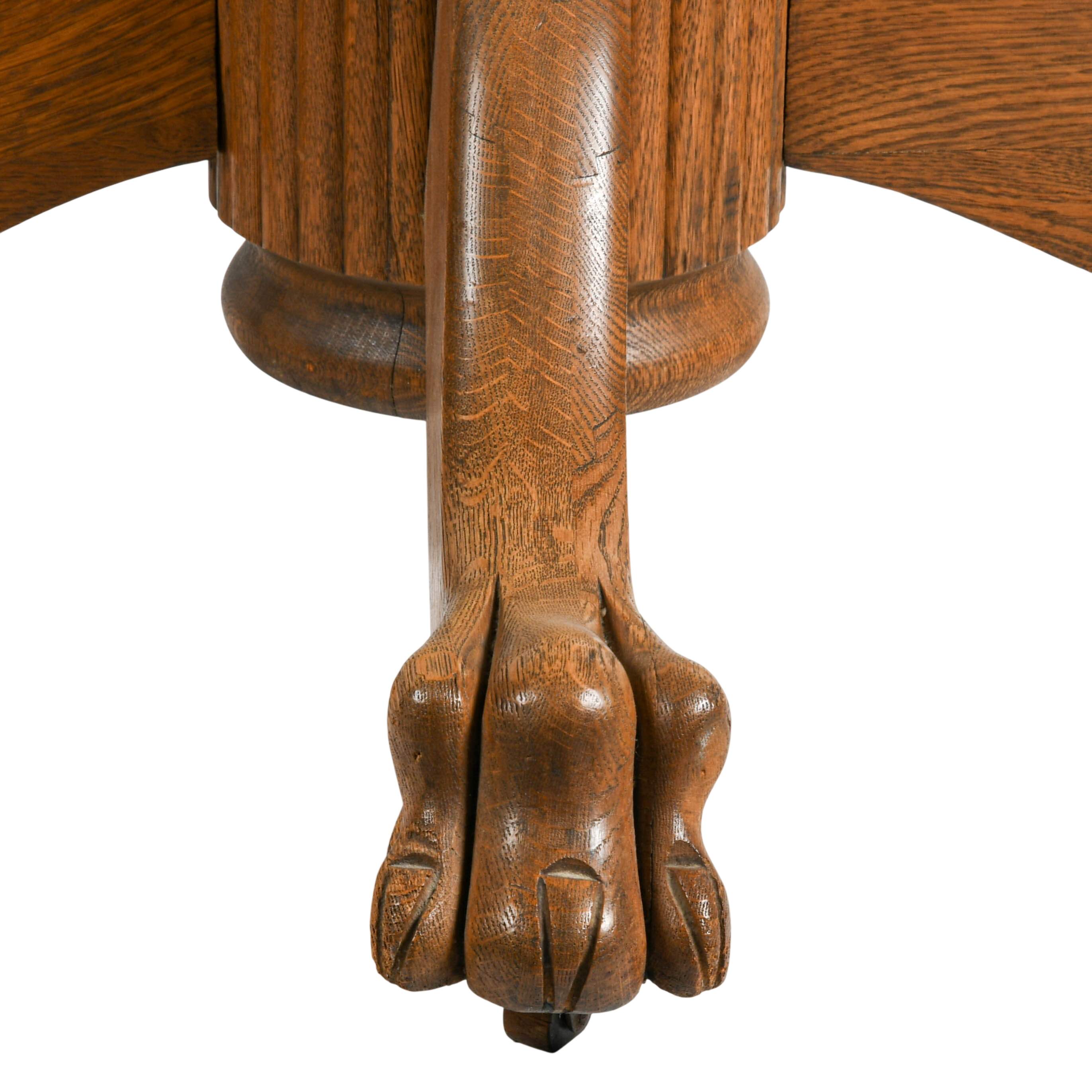 Antique Oak Pedestal Dining Room Table with Carved Lion's Paws-4