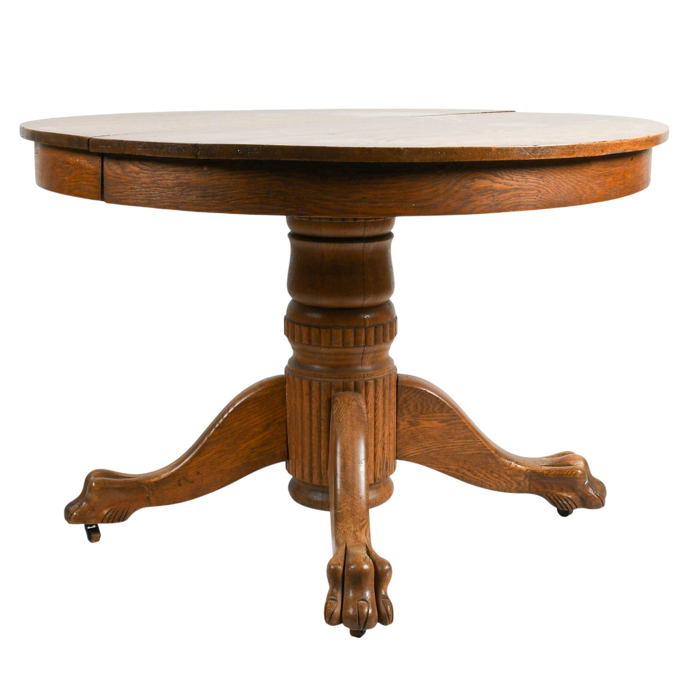Antique Oak Pedestal Dining Room Table with Carved Lion's Paws-3