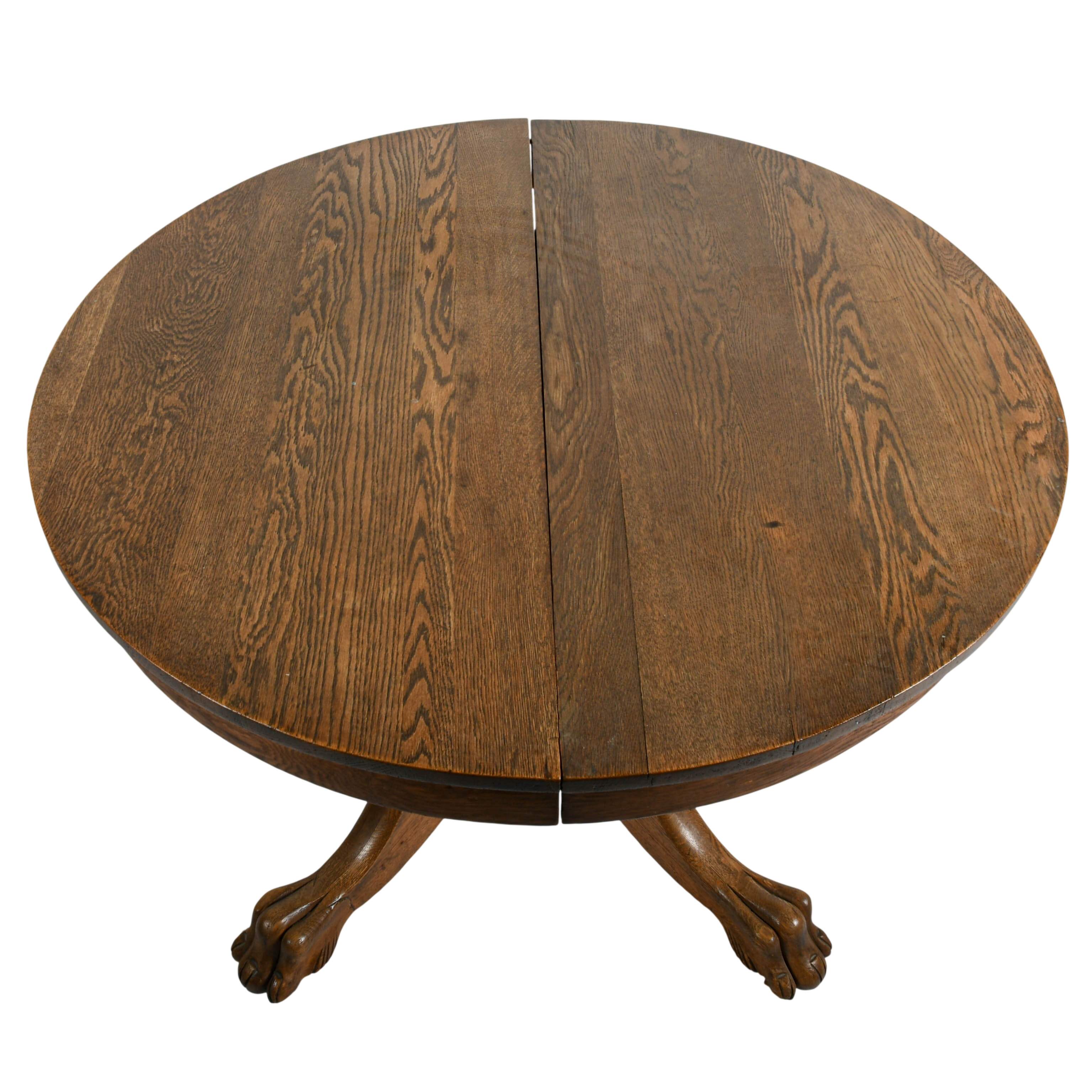 Antique Oak Pedestal Dining Room Table with Carved Lion's Paws-2